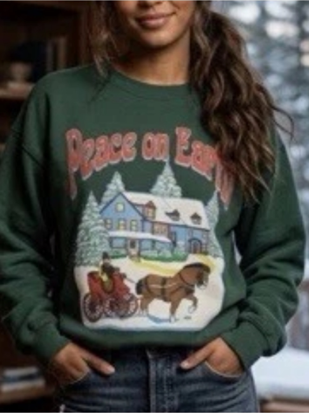 Vintage horse drawn carriage Forest Green 'Peace on Earth' Sweatshirt! M